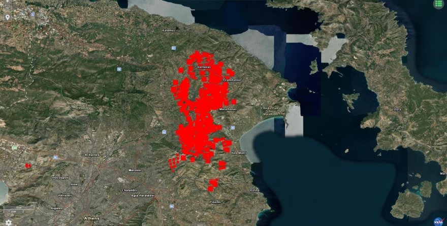 Φωτιά στην Αττική: Τα ενεργά μέτωπα της πυρκαγιάς στον χάρτη της NASA