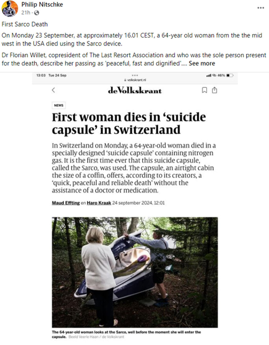 Ελβετία: Δείτε την τελευταία φωτογραφία της 64χρονης πριν μπει στον θάλαμο Sarco για την υποβοηθούμενη αυτοκτονία