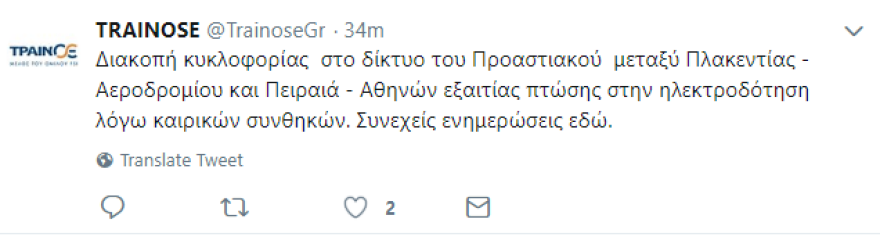 Προαστιακός: Καθυστερήσεις και διακοπή δρομολογίων λόγω κακοκαιρίας