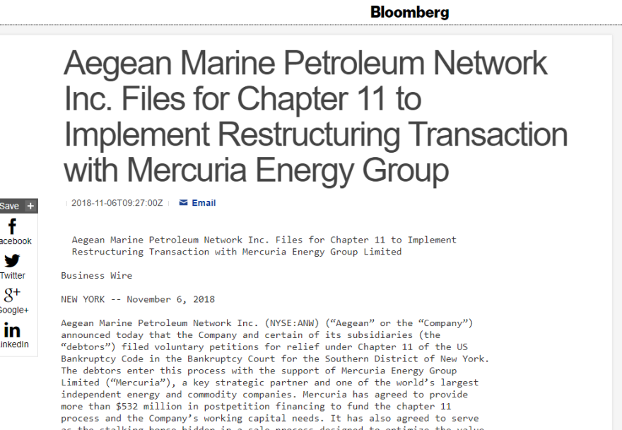 ΗΠΑ: Αίτηση πτώχευσης από την Aegean Marine Petroleum Network