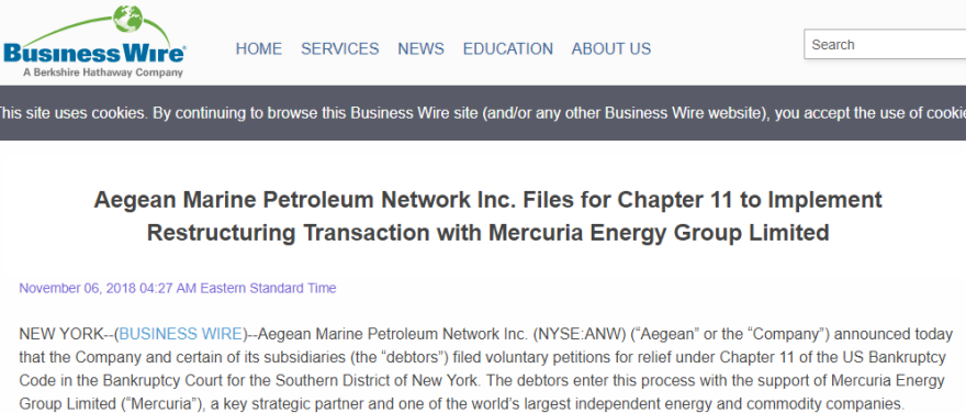 ΗΠΑ: Αίτηση πτώχευσης από την Aegean Marine Petroleum Network