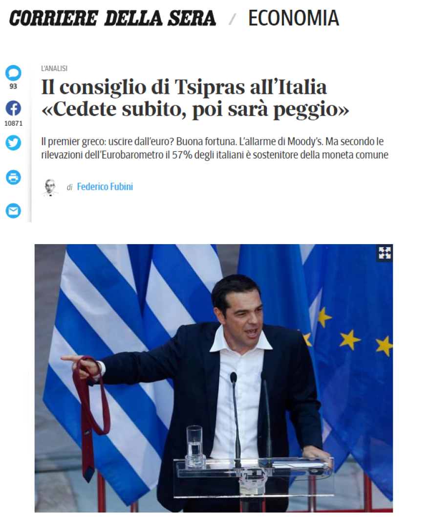 Corriere della Sera: Ο Τσίπρας συμβούλεψε την Ιταλία να επιλέξει την «kolotoumba»!