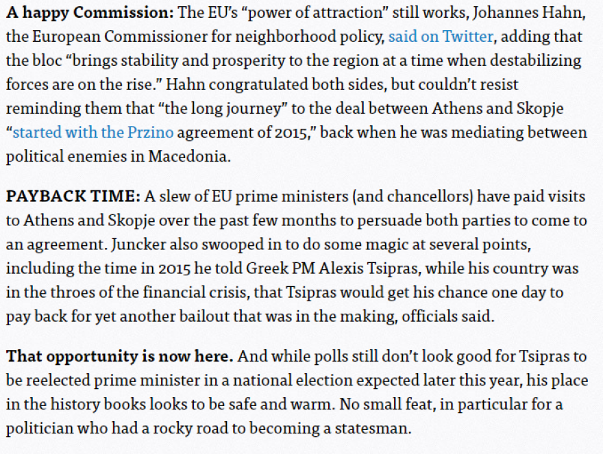 Politico για Τσίπρα: Με τη Συμφωνία των Πρεσπών «ξεπληρώνει» τους Ευρωπαίους για το 2015