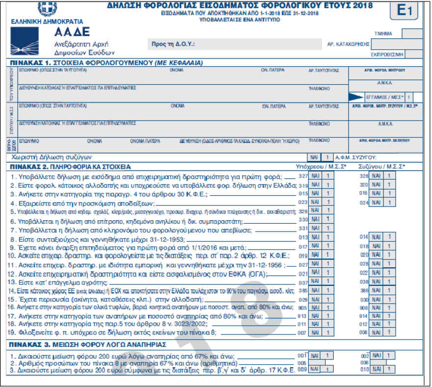 Αυτό είναι το νέο έντυπο Ε1 ενόψει των φορολογικών δηλώσεων