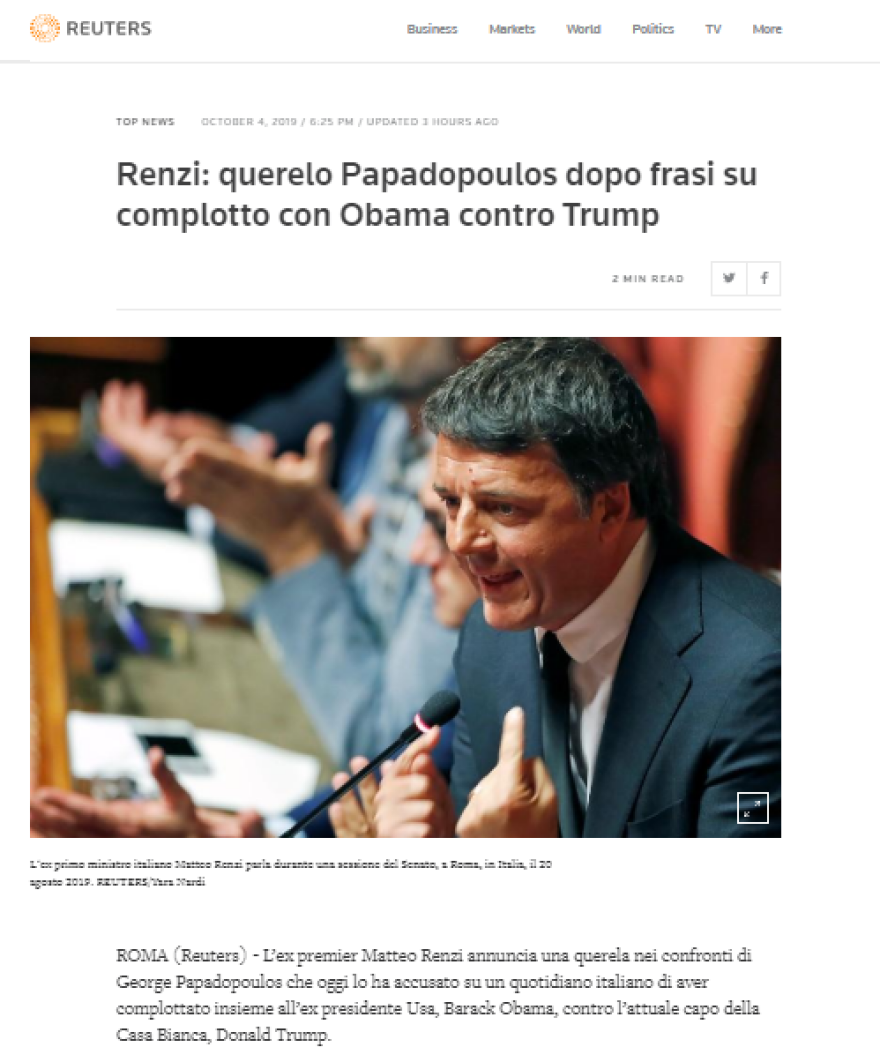 O Ματέο Ρέντσι απειλεί με μηνύσεις τον πρώην σύμβουλο του Τραμπ, Τζορτζ Παπαδόπουλο