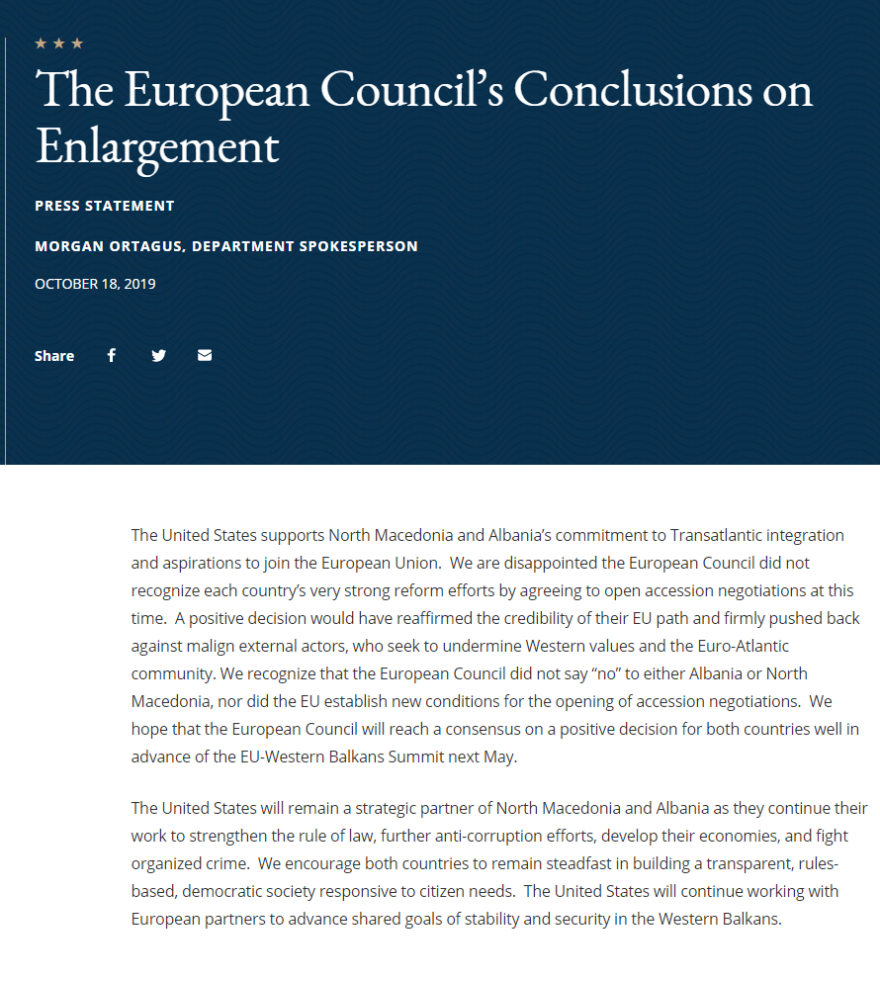 Στέιτ Ντιπάρτμεντ: Απογοήτευση για το φρένο της ΕΕ σε Σκόπια και Αλβανία