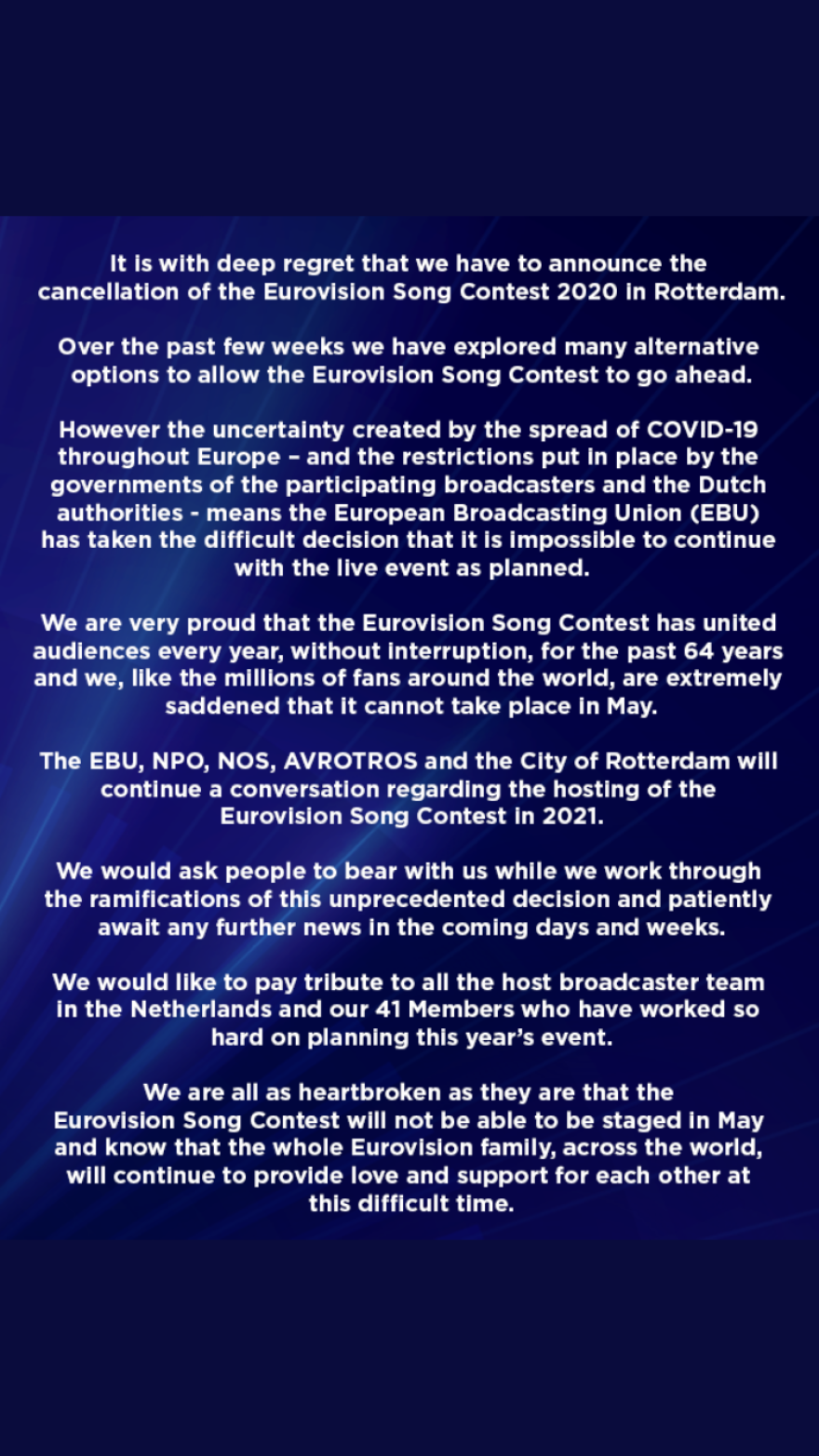 Κορωνοϊός - Eurovision: Ακυρώνεται ο μουσικός διαγωνισμός 