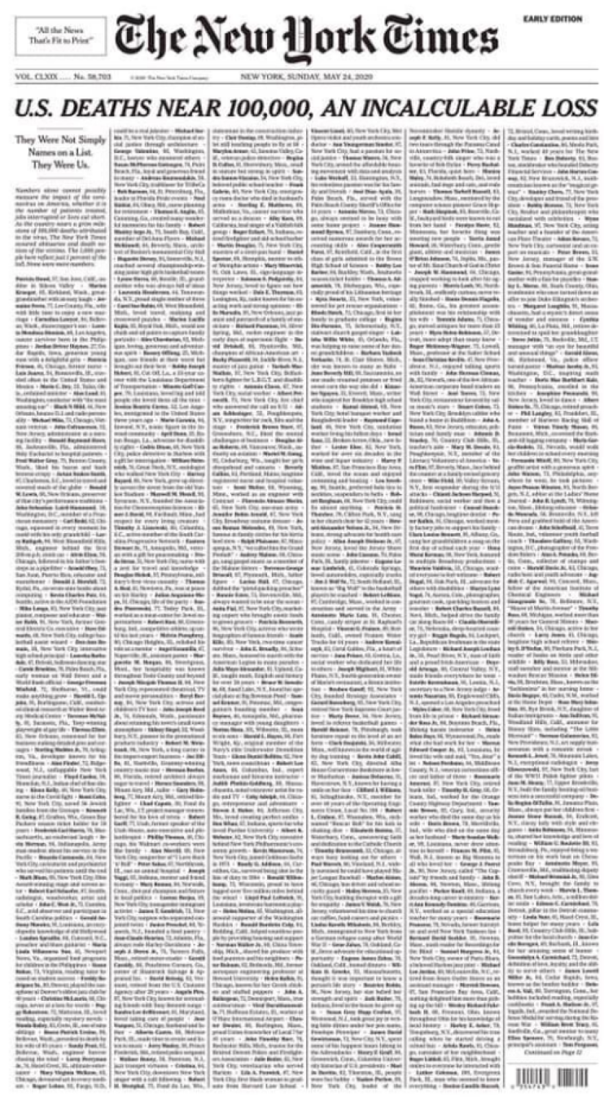 Κορωνοϊός - ΗΠΑ: Το συγκλονιστικό πρωτοσέλιδο των New York Times