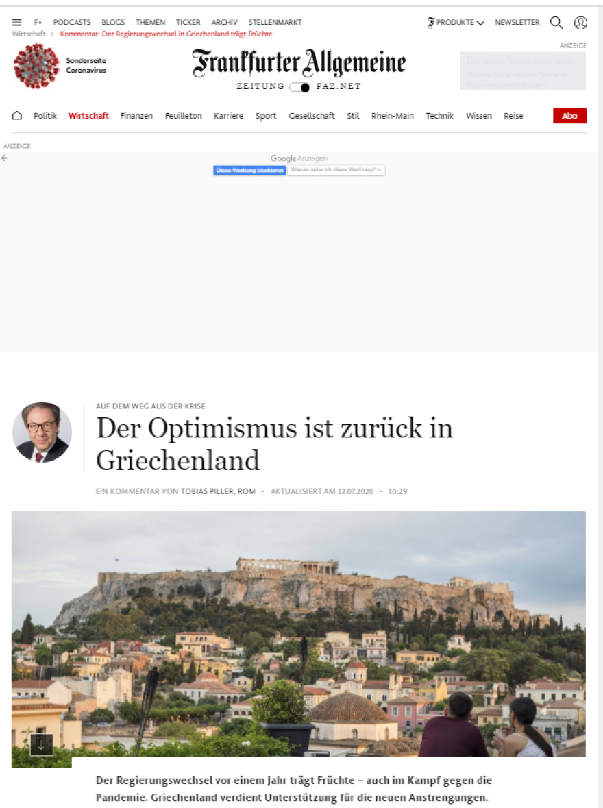 Τουρισμός - Κορωνοϊός: Χώρα - πρότυπο η Ελλάδα - Εύσημα της FAZ στον Κυριάκο Μητσοτάκη