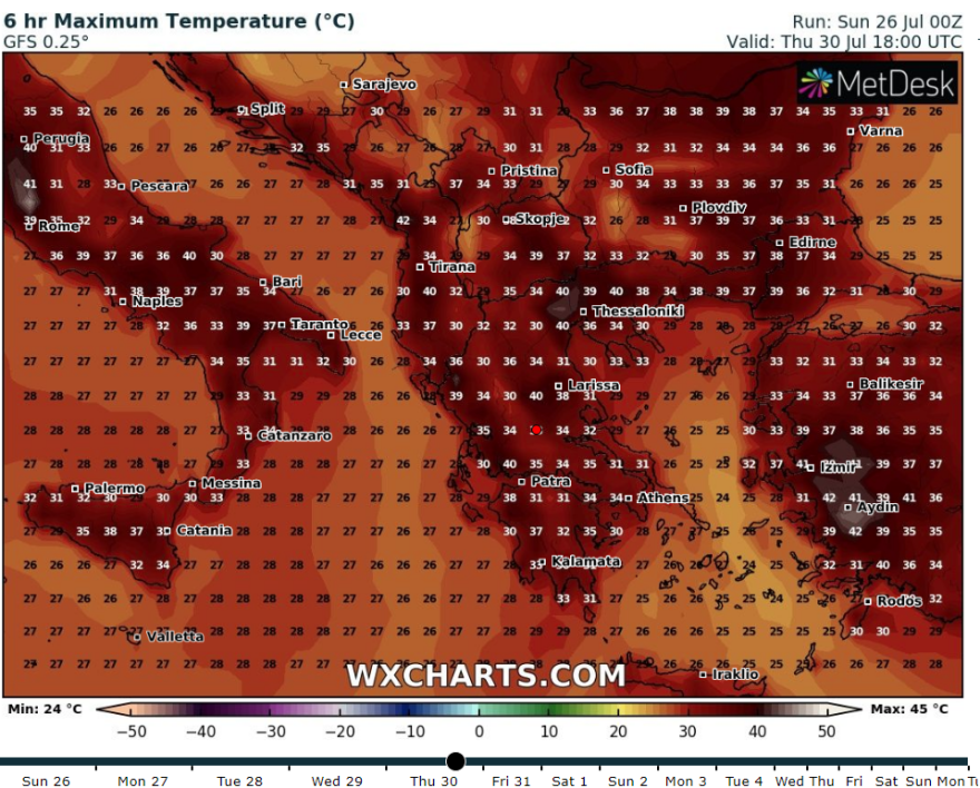 Καιρός - Καύσωνας:  Δείτε τις θερμοκρασίες σε κάθε περιοχή ανά ημέρα