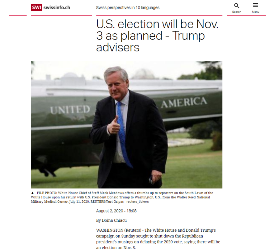 ΗΠΑ: «Στις 3 Νοέμβρη οι εκλογές», δηλώνει ο προσωπάρχης του Λευκού Οίκου Μαρκ Μίντοους