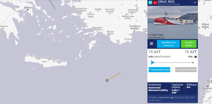 Νέος χάρτης από την Τουρκία για το Oruc Reis με... Καστελόριζο και έρευνες δίπλα στην Κάρπαθο