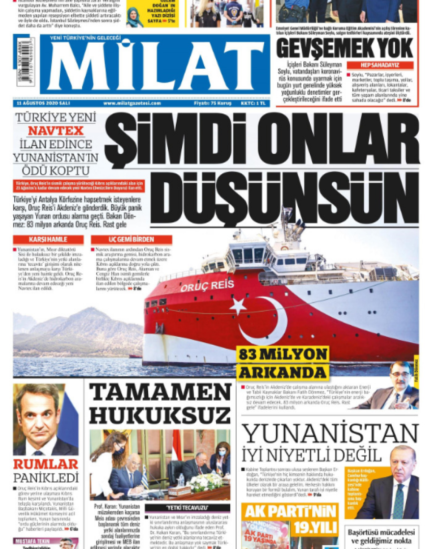 Ελληνοτουρκικά: Δείτε τα σημερινά πρωτοσέλιδα του τουρκικού Τύπου - Τι γράφουν για το Oruc Reis