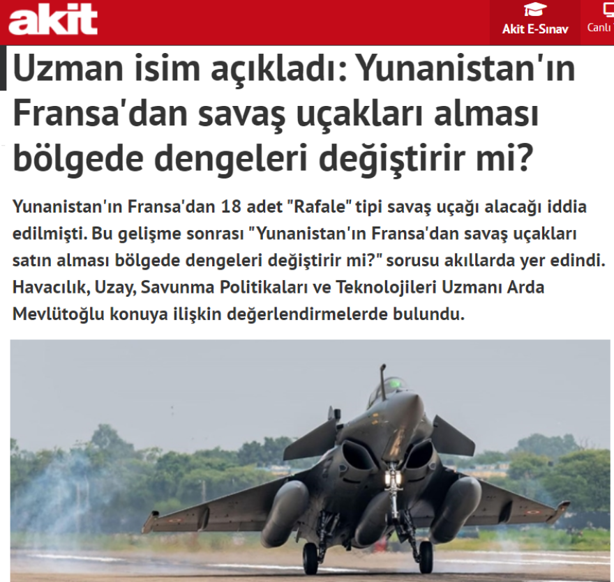 Τουρκική εφημερίδα: «Δεν αποτελεί καλή είδηση η απόκτηση γαλλικών μαχητικών από την Ελλάδα»