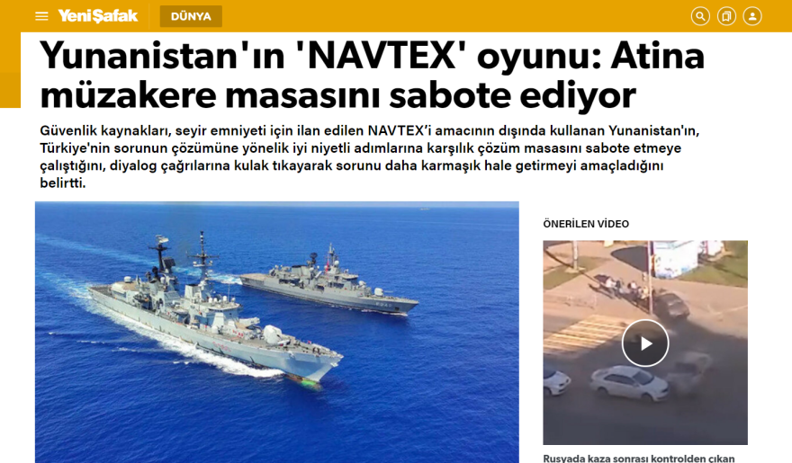 Yeni Safak: Παιχνίδι της Ελλάδας με τις «NAVTEX» - Η Αθήνα σαμποτάρει το τραπέζι των διαπραγματεύσεων