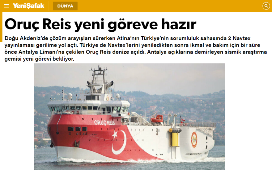 Ελληνοτουρκικά: «Έτοιμο για νέα αποστολή το Oruc Reis» γράφει η Γενί Σαφάκ 