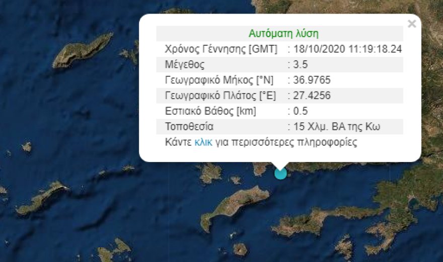 Σεισμική δόνηση 3,5 Ρίχτερ ανοιχτά της Κω