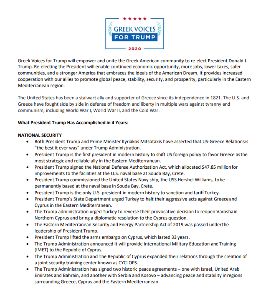 Εκλογές ΗΠΑ 2020: Ο Τραμπ... διαφημίζει στους ομογενείς τα «καλά» που έκανε για την Ελλάδα