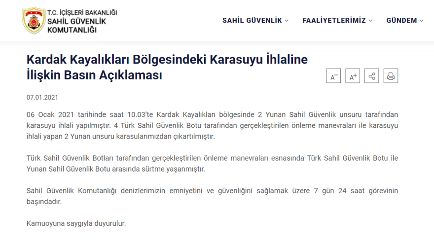 Τουρκική ακτοφυλακή: «Εκδιώξαμε τους Έλληνες από τα Ίμια»