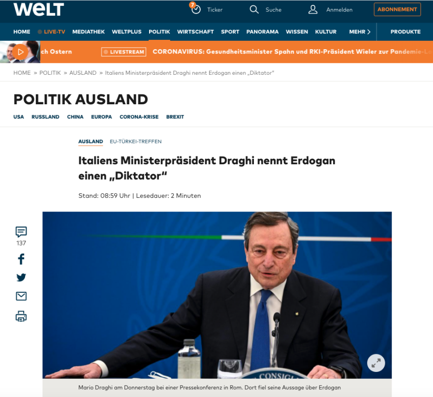 Sofagate: Ιταλοτουρκικός πόλεμος και στα ΜΜΕ - Ο Ντράγκι ως... Μουσολίνι και ο «δικτάτορας» Ερντογάν