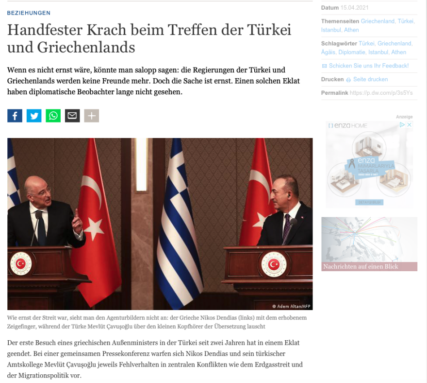 Ξένος Τύπος για Δένδια-Τσαβούσογλου: «Καιρό είχαμε να δούμε τέτοια σύγκρουση!»  