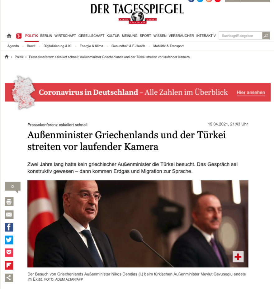 Ξένος Τύπος για Δένδια-Τσαβούσογλου: «Καιρό είχαμε να δούμε τέτοια σύγκρουση!»  