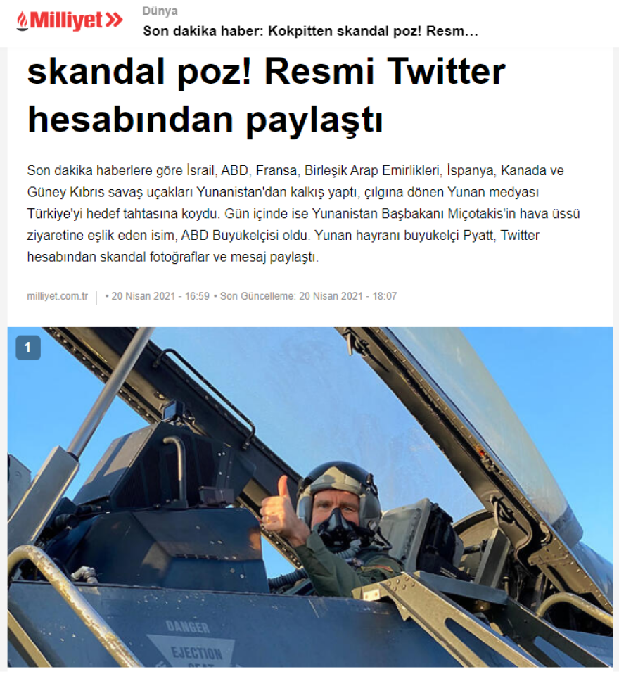 Μιλιέτ: «Σκάνδαλο» η φωτογραφία Πάιατ στο πιλοτήριο F-16