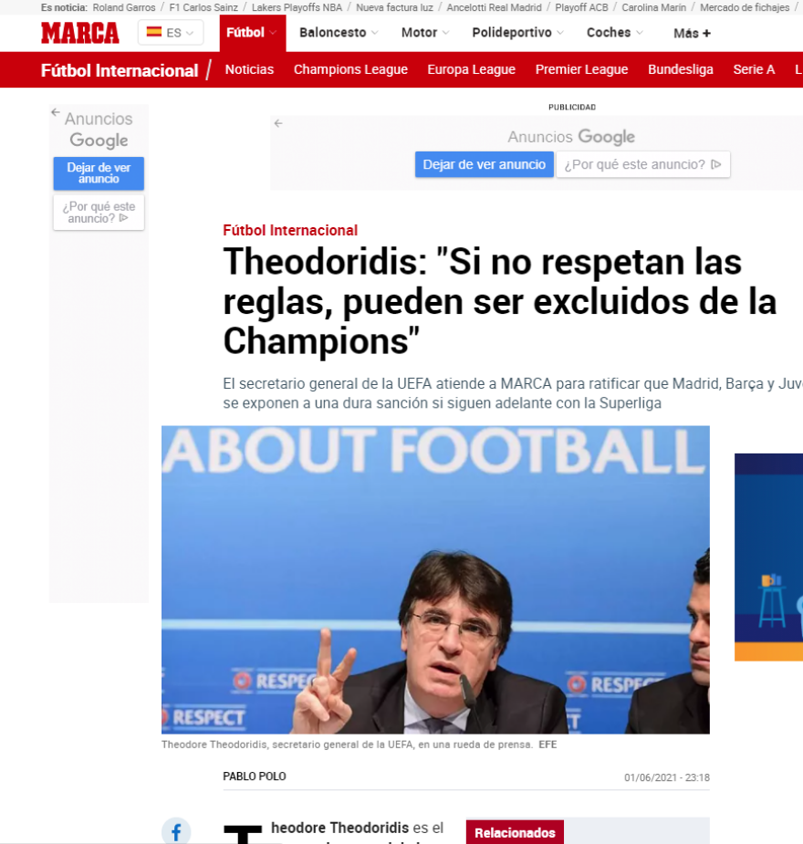 Θεόδωρος Θεοδωρίδης: «Πιθανό να αποκλειστούν Ρεάλ, Μπαρτσελόνα και Γιουβέντους»