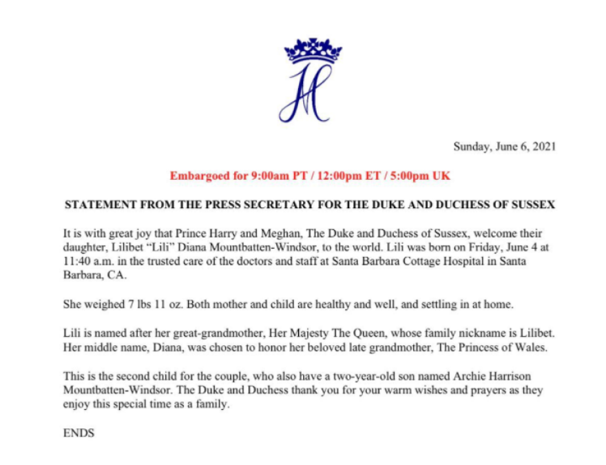 Μέγκαν - Χάρι: Γεννήθηκε η κορούλα του ζευγαριού - Και το όνομα αυτής... Λίλιμπετ Νταϊάνα