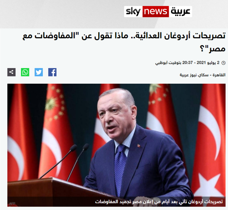 Sky News Arabia: «Μετά τις αποτυχίες των συνομιλιών Άγκυρας – Καΐρου, ο Ερντογάν επέστρεψε στην προκλητική ρητορική»