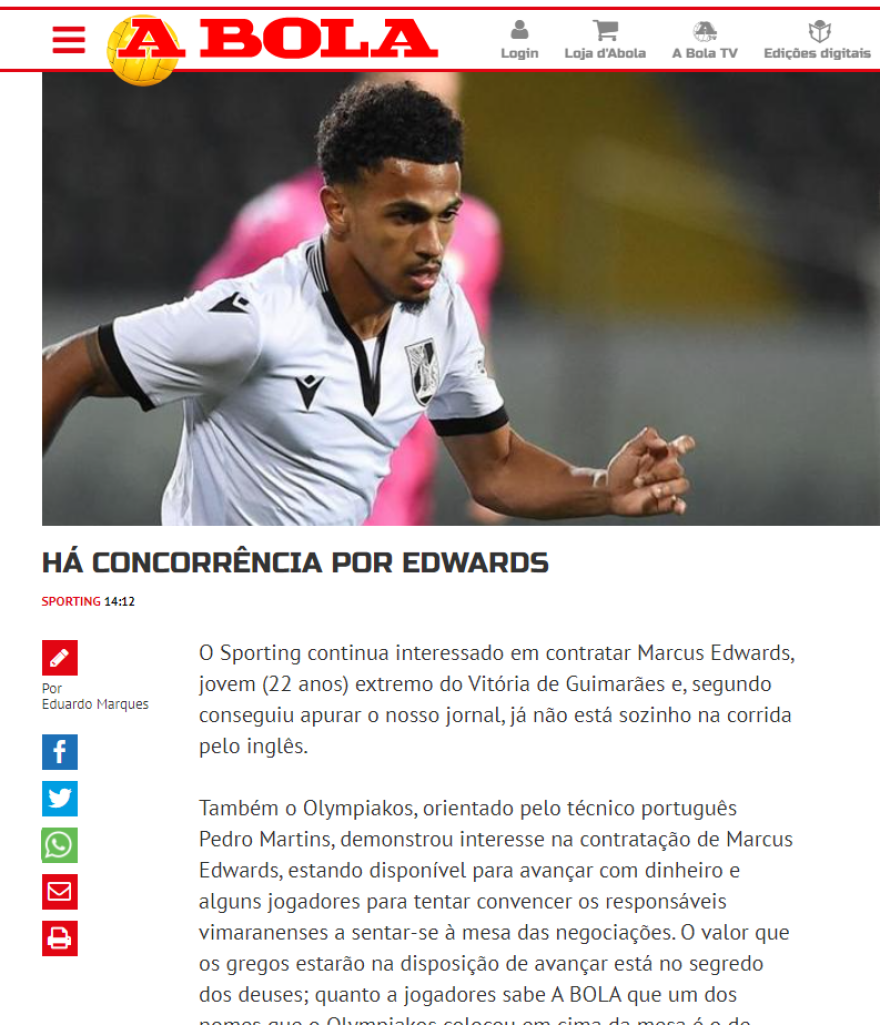 A Bola: «Θέλει Έντουαρντς ο Μαρτίνς στον Ολυμπιακό και προσφέρει Πέπε»