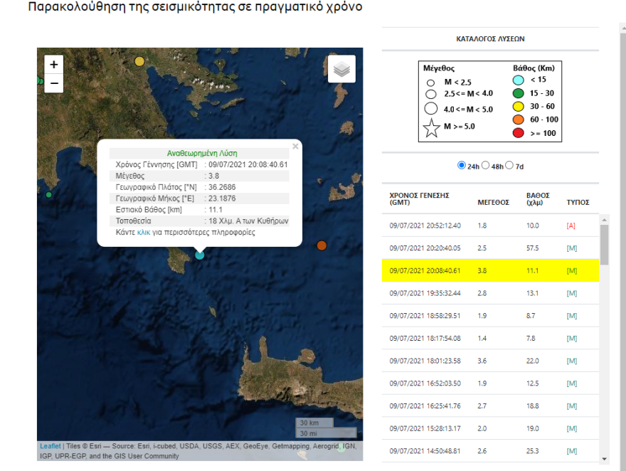 Σεισμός 3,8 Ρίχτερ ανησύχησε τα Κύθηρα