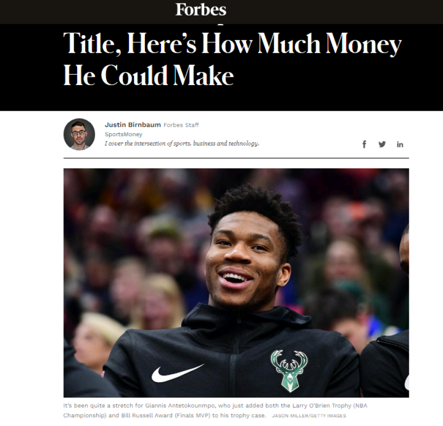 Forbes για Αντετοκούνμπο: Μετά τον τίτλο στο NBA θα μπορούσε να κερδίσει 35 - 40 εκατ. δολάρια από διαφημίσεις