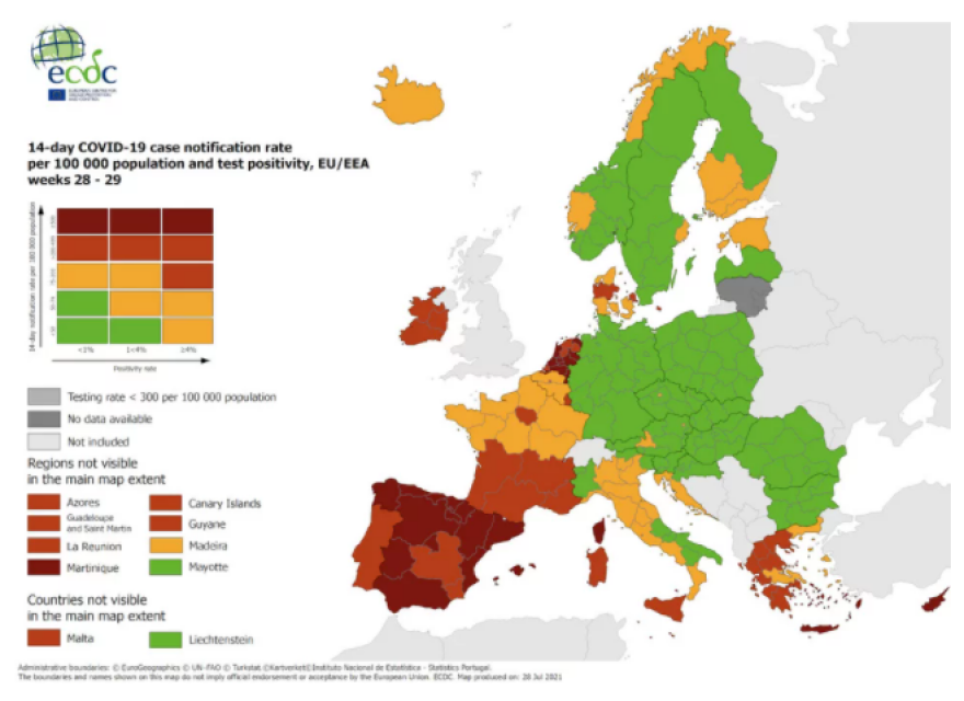 Κορωνοϊός - ECDC: Σε «βαθύ κόκκινο» έβαλε Νότιο Αιγαίο και Κρήτη - Στο «κόκκινο» οι περισσότερες περιοχές της χώρας