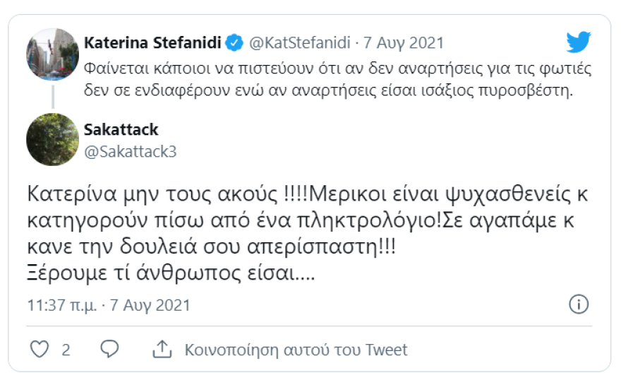 Κατερίνα Στεφανίδη: Της την «έπεσαν» στο Twitter για τις φωτιές και απάντησε προσωπικά στον καθένα!