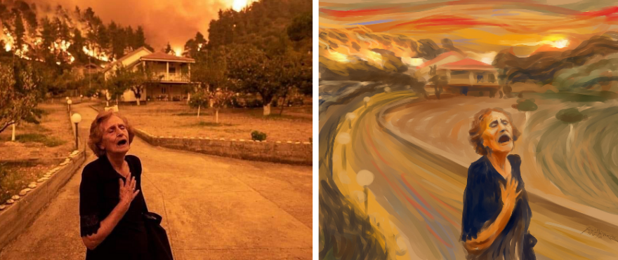 Φωτιά στην Εύβοια: Συγκρίνουν την viral φωτογραφία της γυναίκας που στενάζει με την «Κραυγή» του Μουνκ