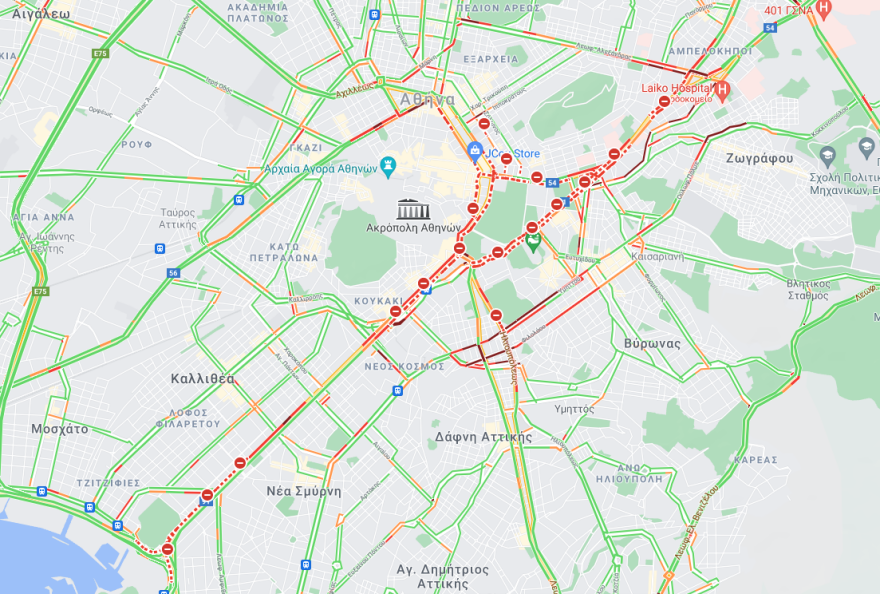 Live εικόνα: Κυκλοφοριακό κομφούζιο σε κεντρικούς δρόμους της Αθήνας