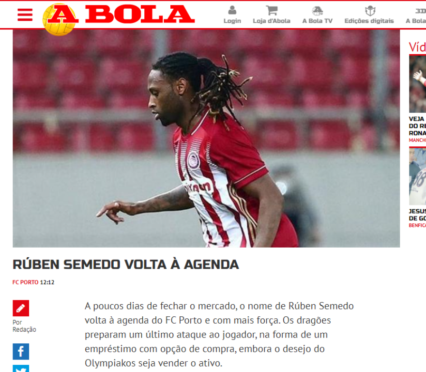 Abola: «Θέλει δανεικό τον Σεμέδο η Πόρτο, αλλά ο Ολυμπιακός επιθυμεί την πώλησή του»