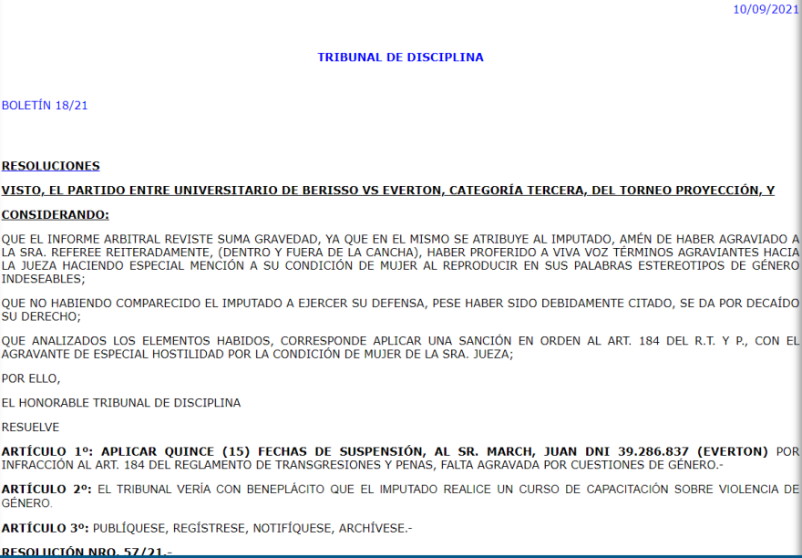 Αργεντινή: Ποινή 15 αγωνιστικών σε... νταή ποδοσφαιριστή που έβρισε γυναίκα διαιτητή