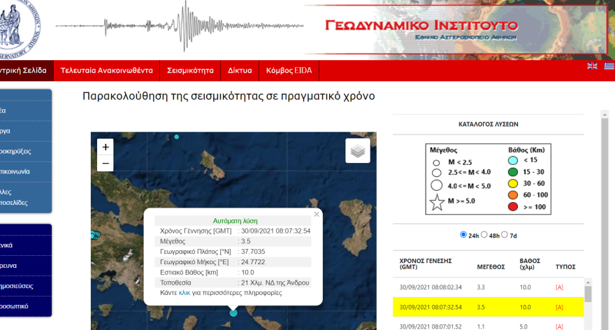 Σεισμός τώρα 3,5 Ρίχτερ στα ανοιχτά της Άνδρου 
