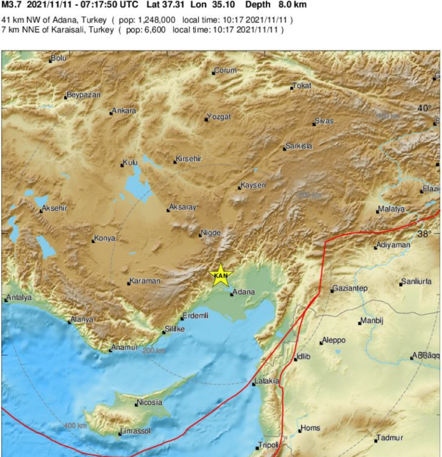 Σεισμός 3,8 Ρίχτερ στη νότια Τουρκία, κοντά στα Άδανα