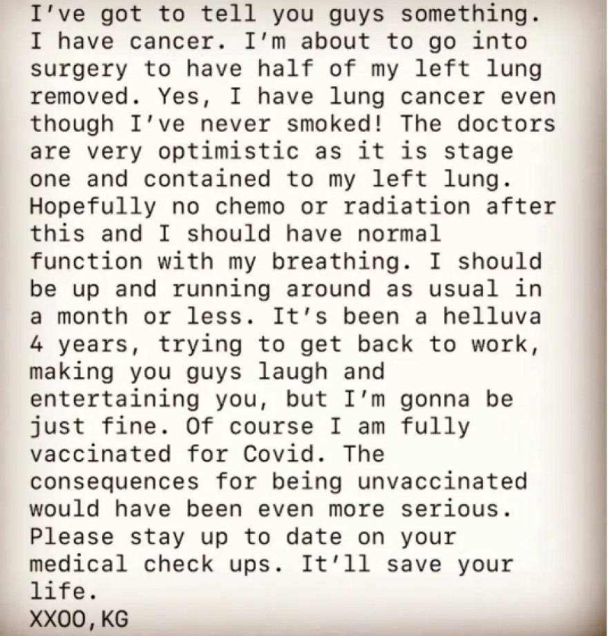 Ευχάριστα νέα για την Κάθι Γκρίφιν - Ξεπέρασε τον καρκίνο του πνεύμονα