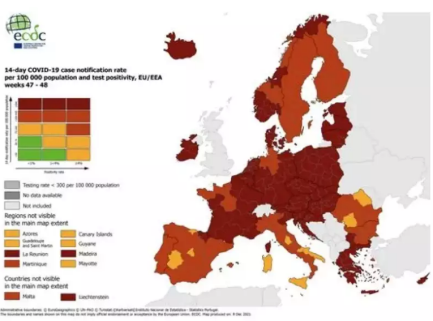 Στο βαθύ κόκκινο η μισή Ελλάδα, ενθαρρυντικά τα στοιχεία για τον δείκτη θετικότητας - Δείτε τους χάρτες του ECDC
