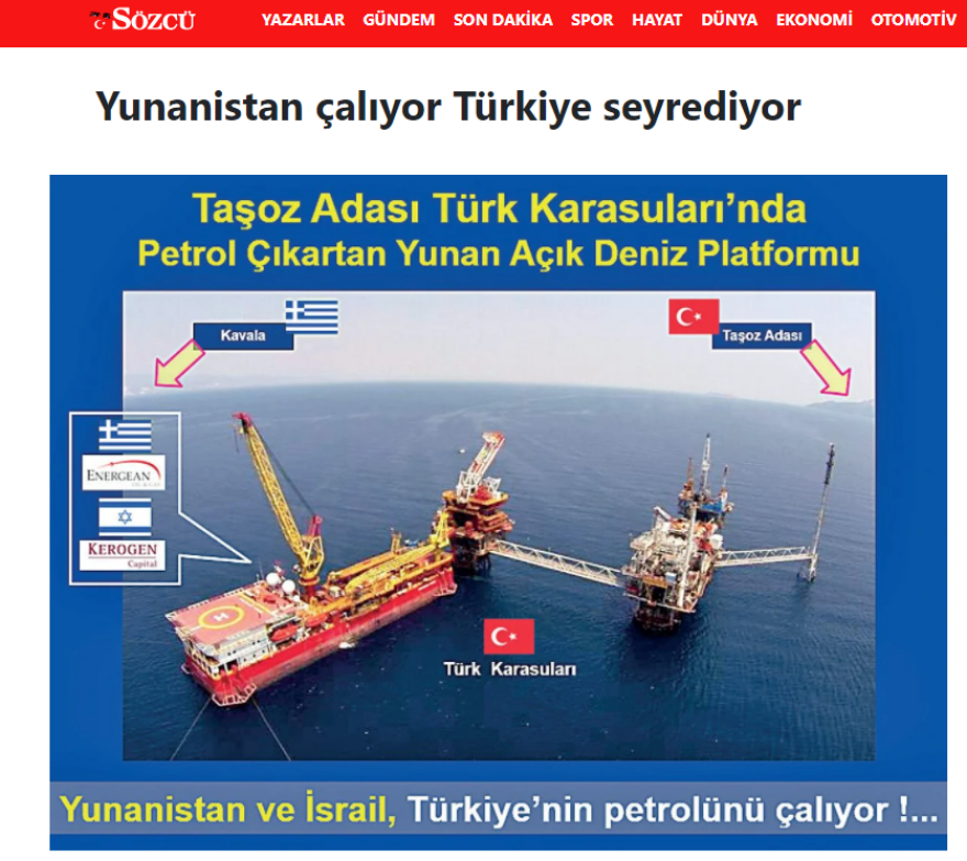 Ελληνοτουρκικά: «Η Ελλάδα κλέβει τουρκικό πετρέλαιο στη Θάσο» γράφει προκλητικά η φιλοκυβερνητική Sozcu