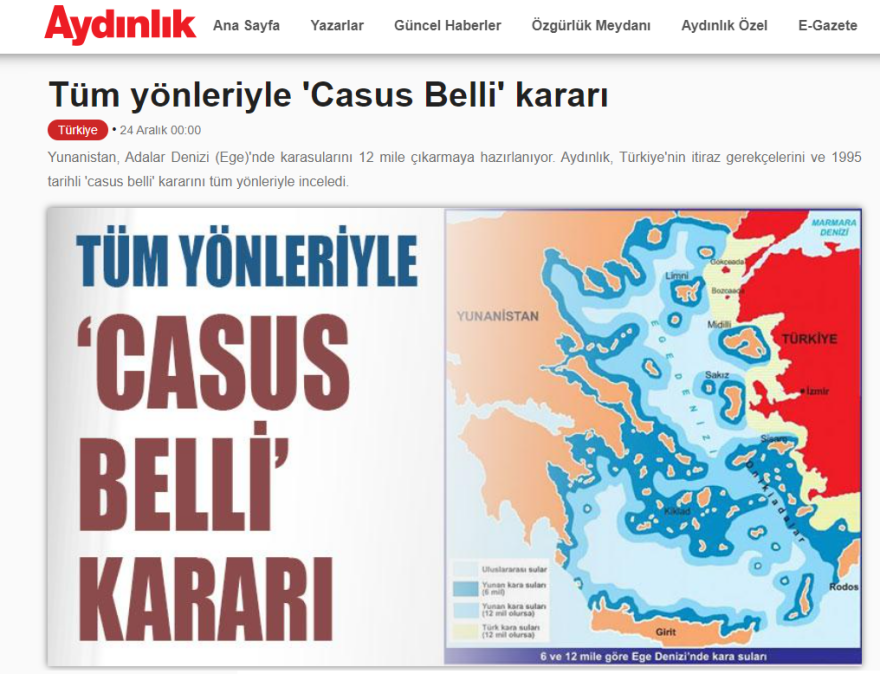 Προκλητικό δημοσίευμα της Aydinlik παρομοιάζει την επέκταση στα 12 ν.μ. με την... απόβαση στη Σμύρνη
