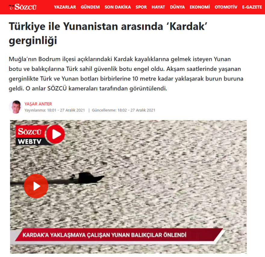 Sozcu: «Είδε» επεισόδιο στα Ίμια και ενοχλήθηκε από την ελληνική σημαία στην Καλόλιμνο