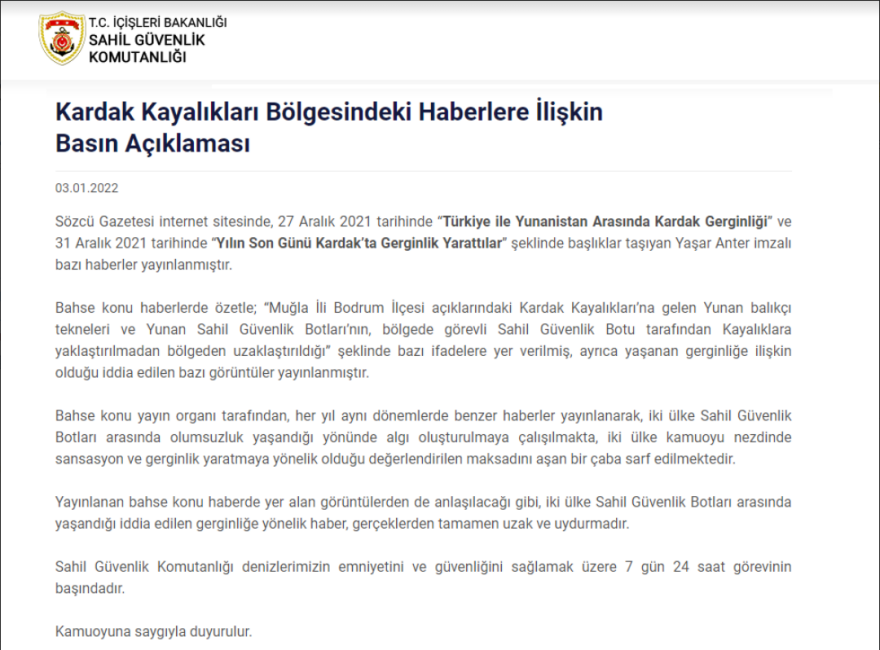 Διαψεύδει η τουρκική Ακτοφυλακή την πρόσφατη «ένταση» στα Ίμια