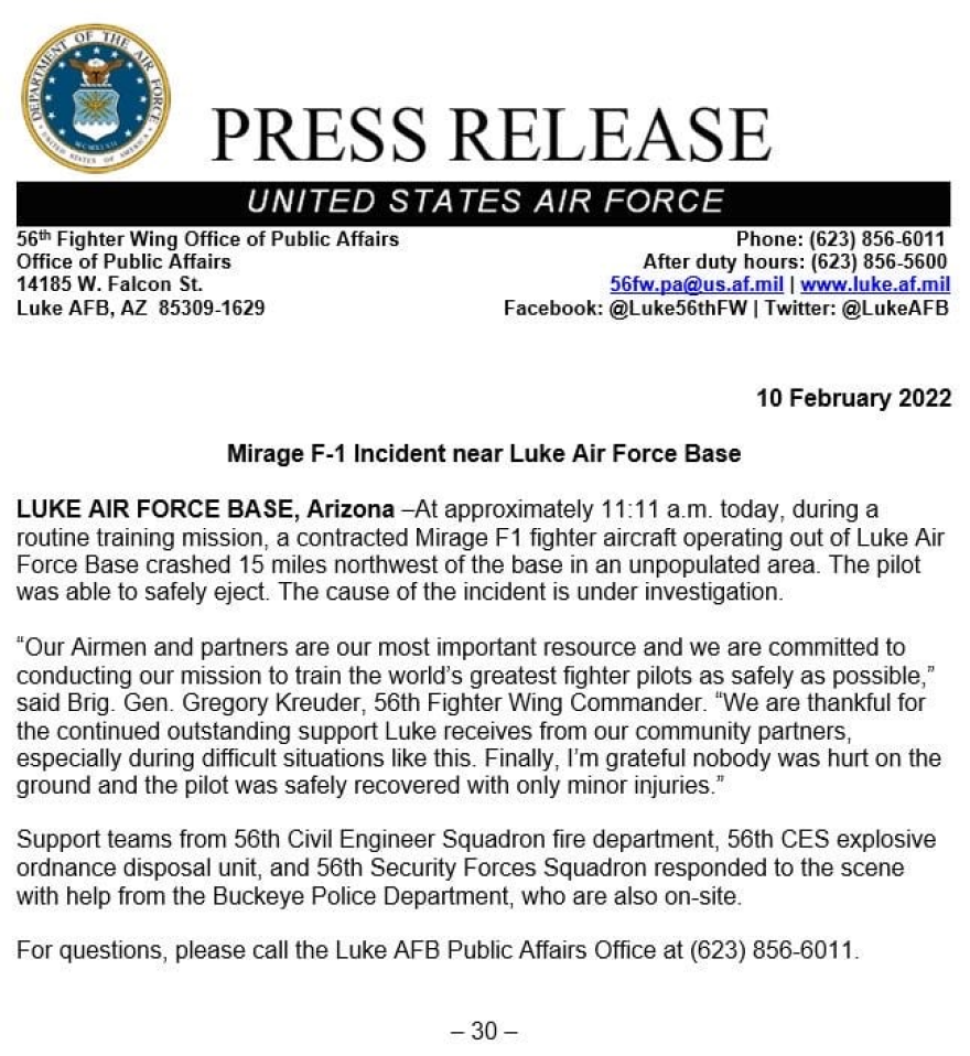 ΗΠΑ: Συντριβή μαχητικού αεροσκάφους στην Αριζόνα - Σώος ο πιλότος 