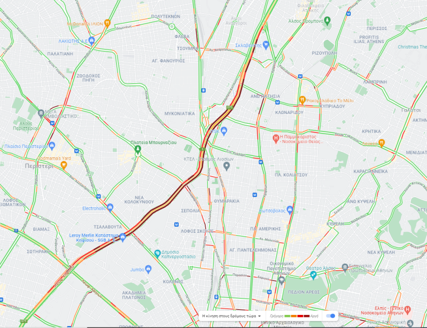 Κίνηση στους δρόμους: Μποτιλιαρισμένος ο Κηφισός και στα δύο ρεύματα