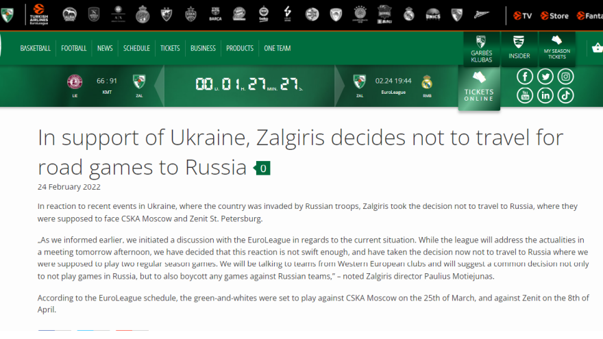 Euroleague: Η Ζαλγκίρις ανακοίνωσε ότι δεν θα αγωνιστεί κόντρα στις ρωσικές ομάδες